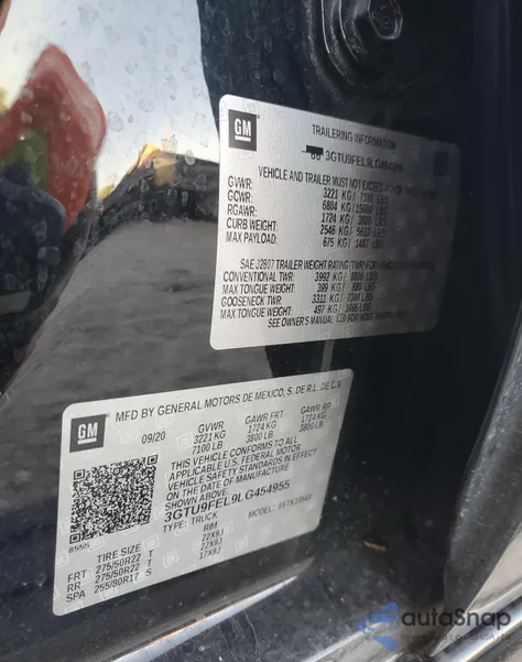 2020 GMC Sierra K1500 Denali z USA, uszkodzony, nr VIN 3GTU9FEL9LG454955